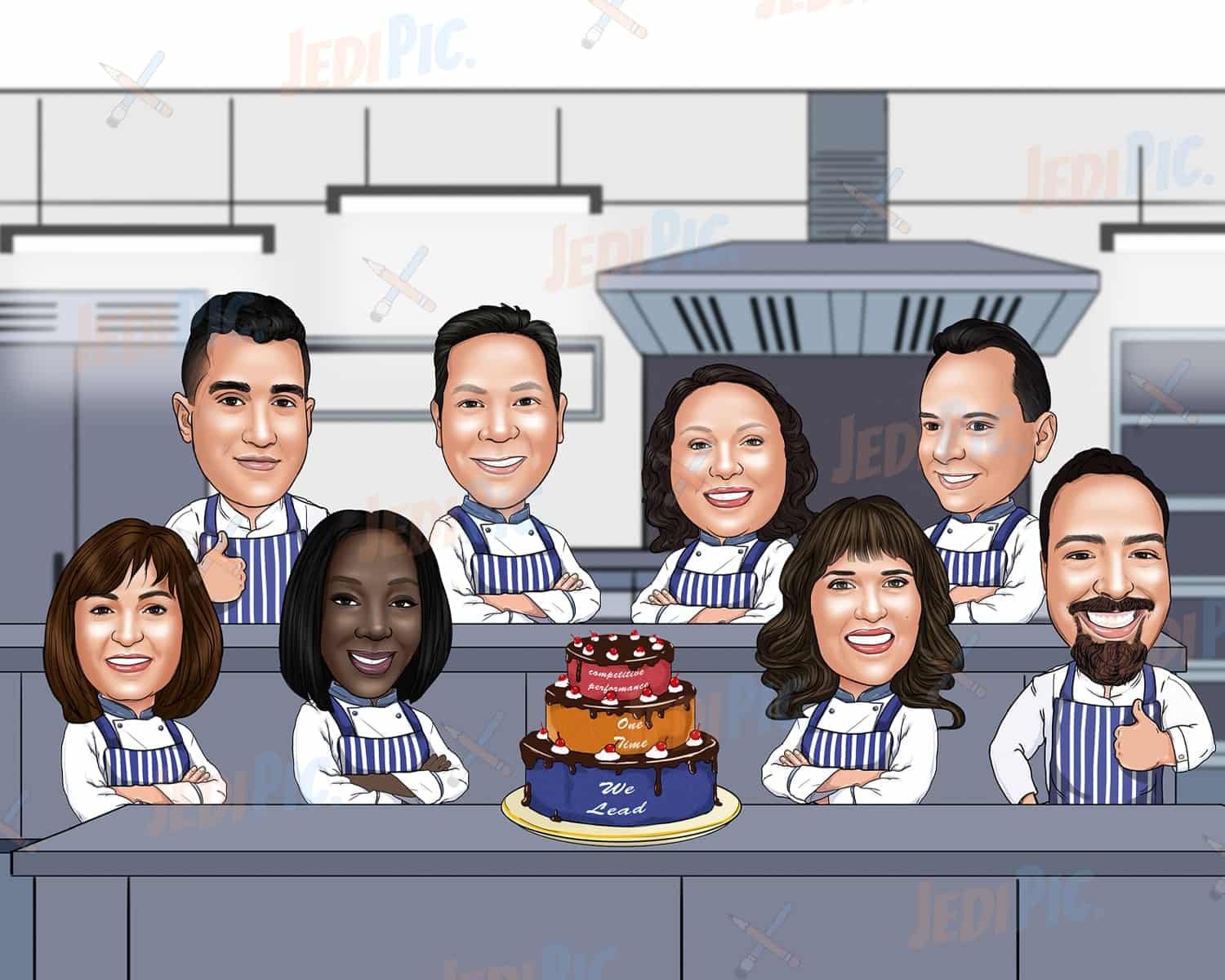 Chef Group Caricature in Colored Style with Custom Background
