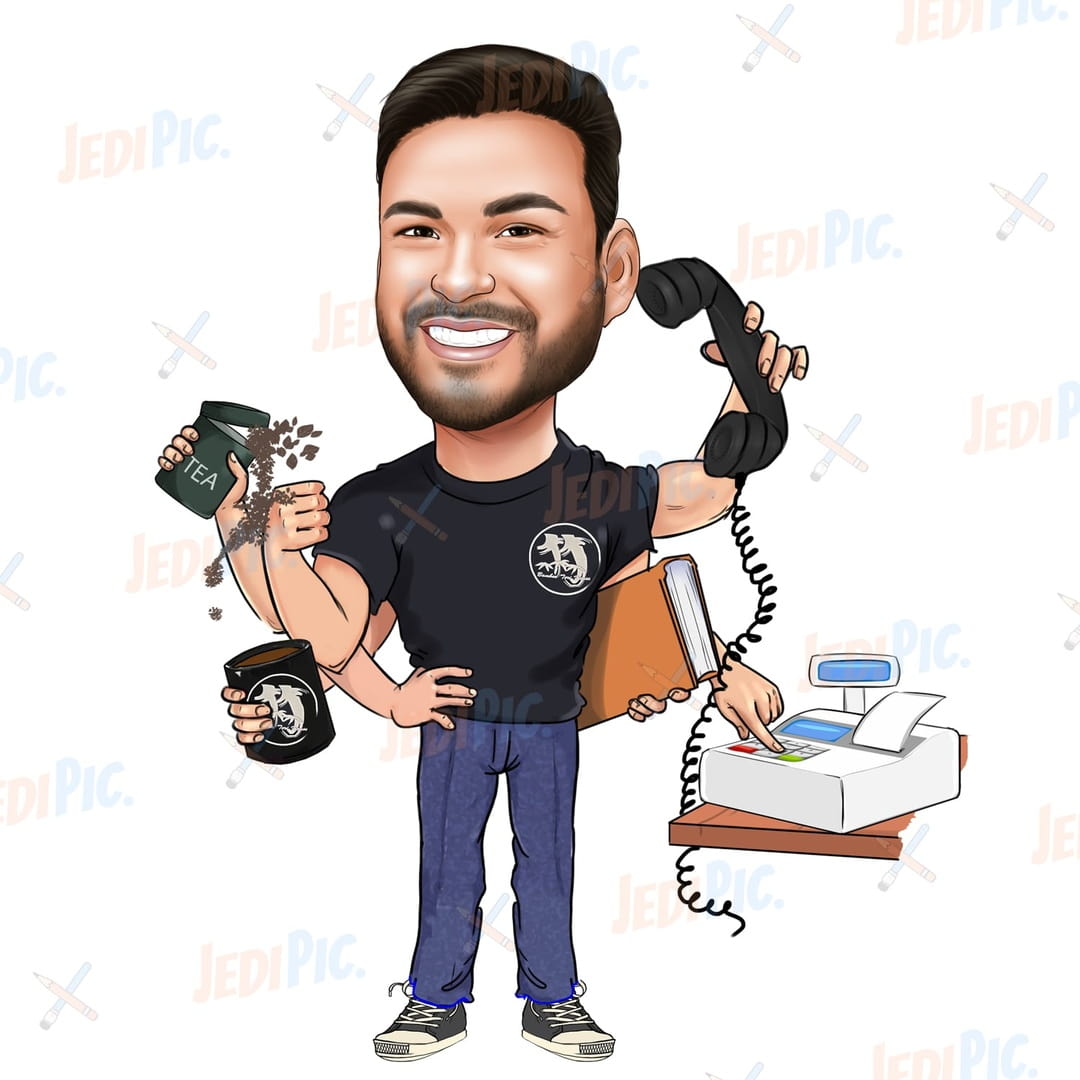 Digital Caricature of 1 person with Props and White Background - Colored