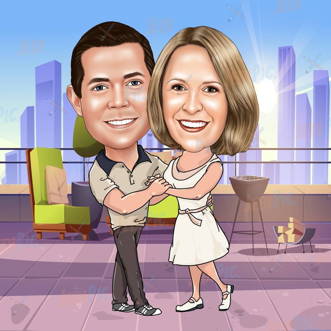 Digital Couple Caricature with Custom Background