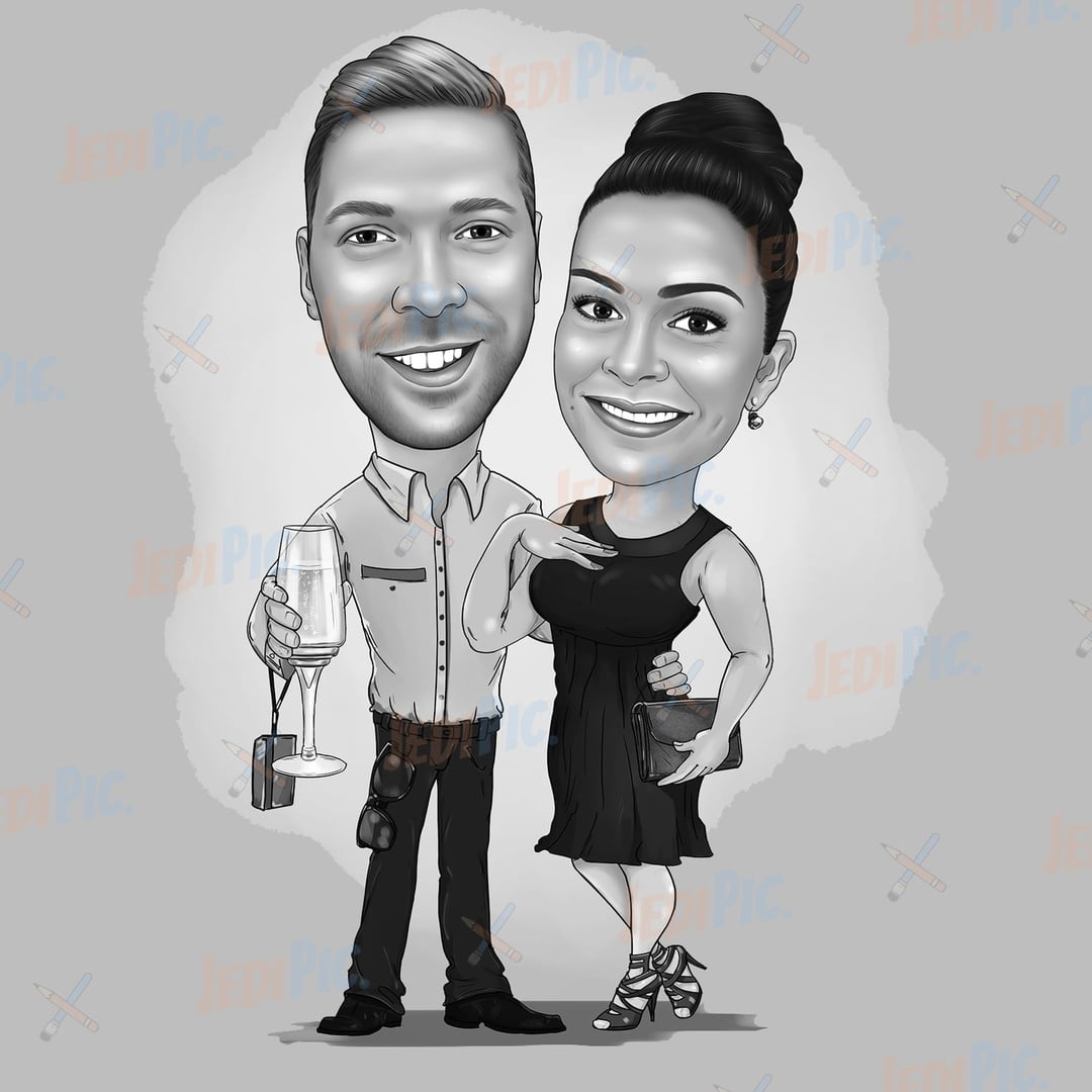 Couple Caricature in Black and White Style