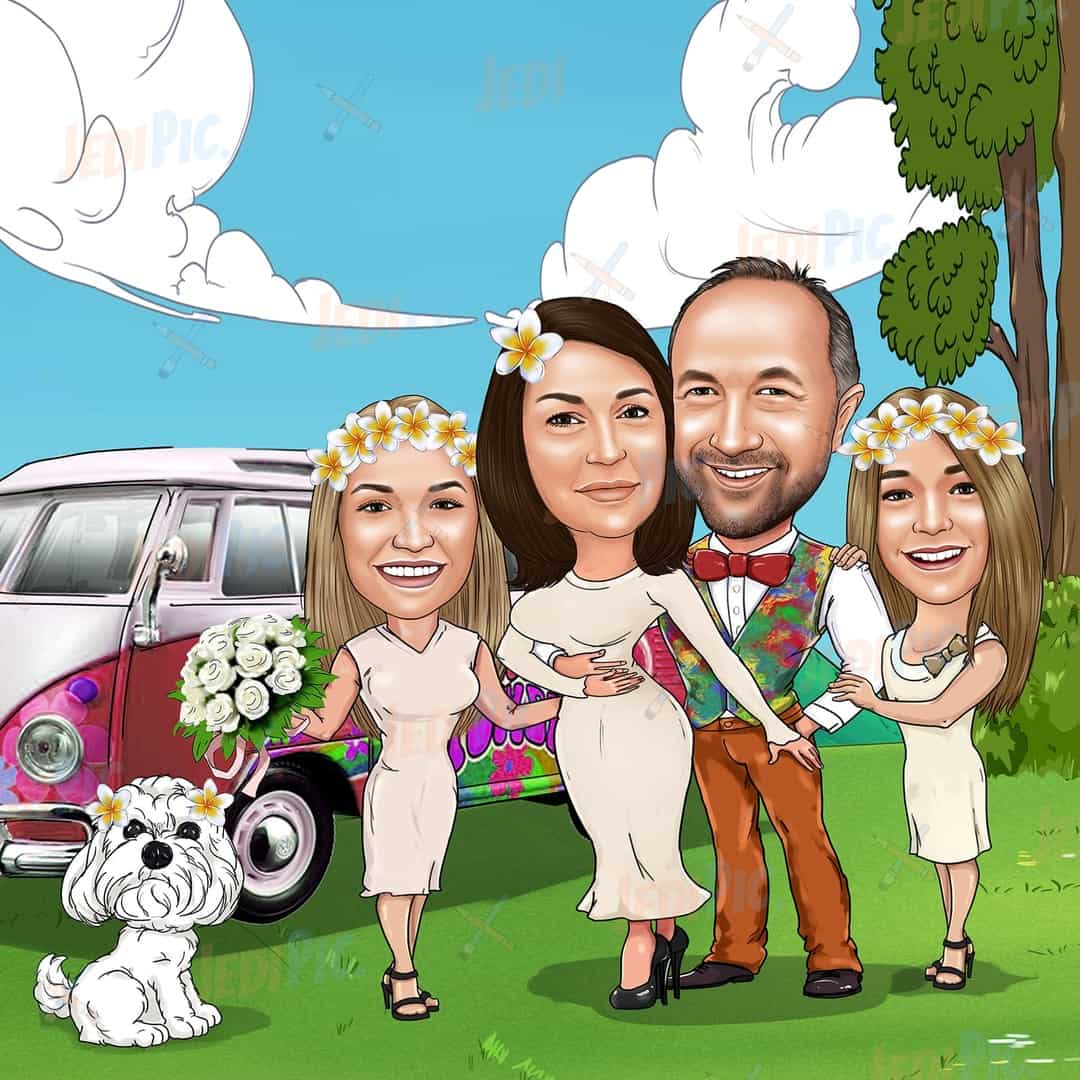 Family Outdoors Digital Caricature from Photo