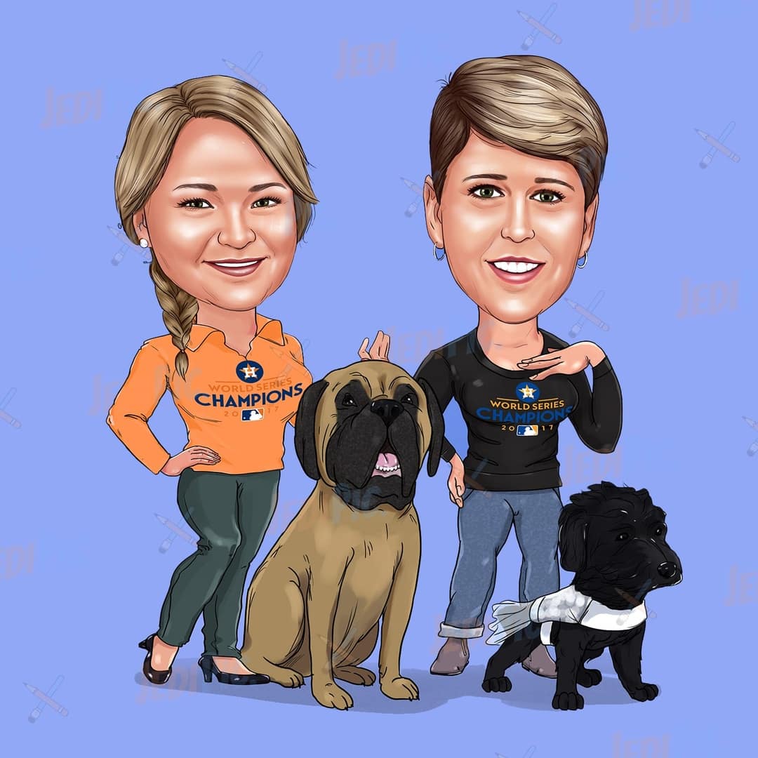 Owner with Pets Caricature