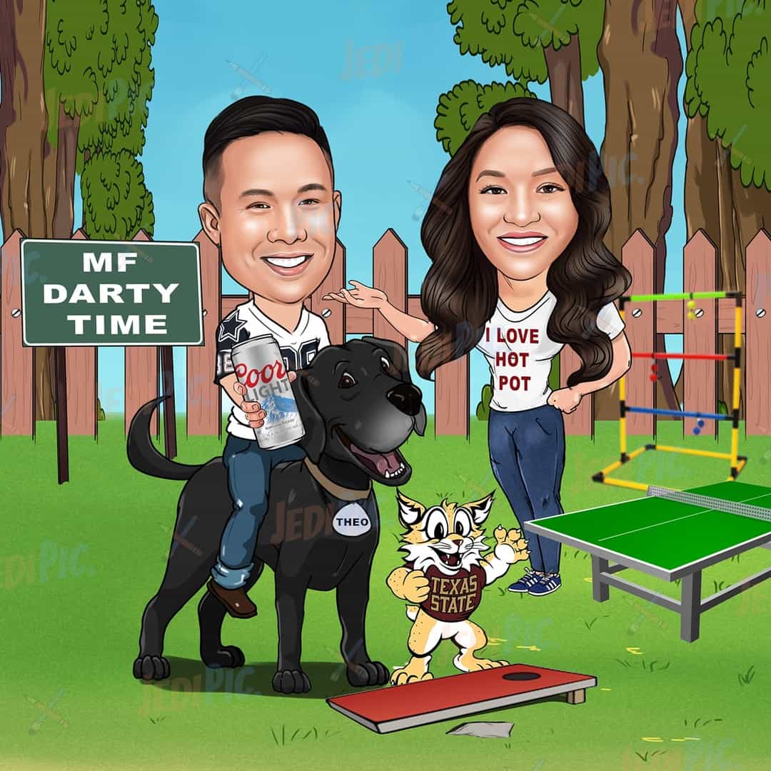 Couple with Pets Caricature
