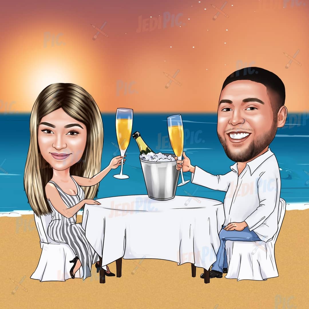 Digital Couple Caricature with Custom Background from Photo