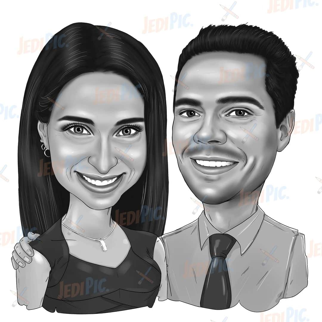 Custom Couple Caricature in Black and White Style