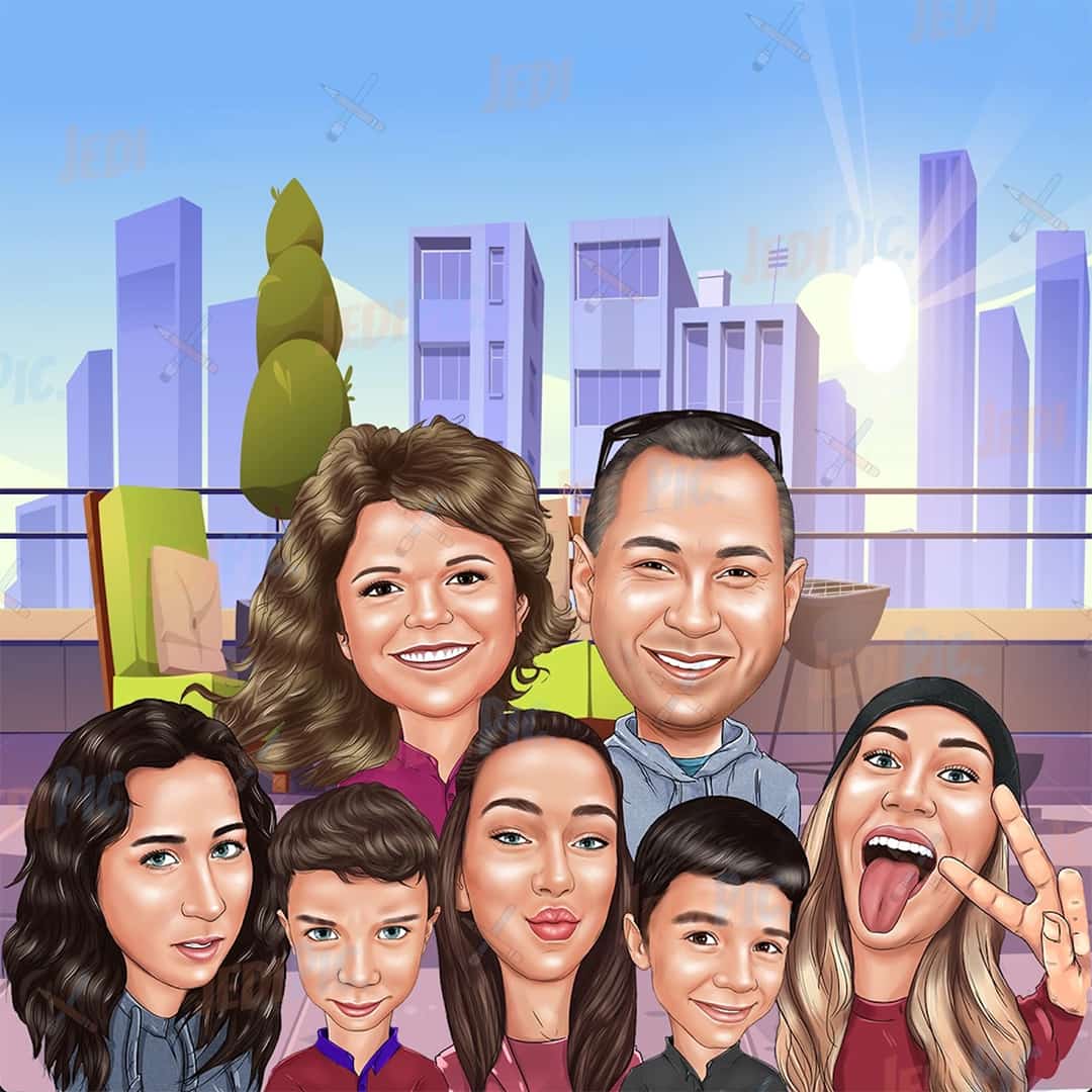 Group Caricature Portrait in Color Style with Custom Background