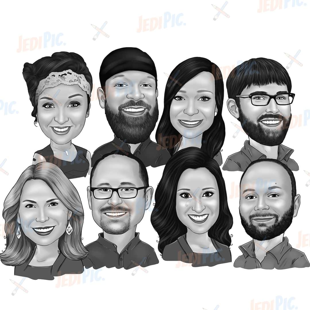 Group Caricature Portrait in Black and White Style