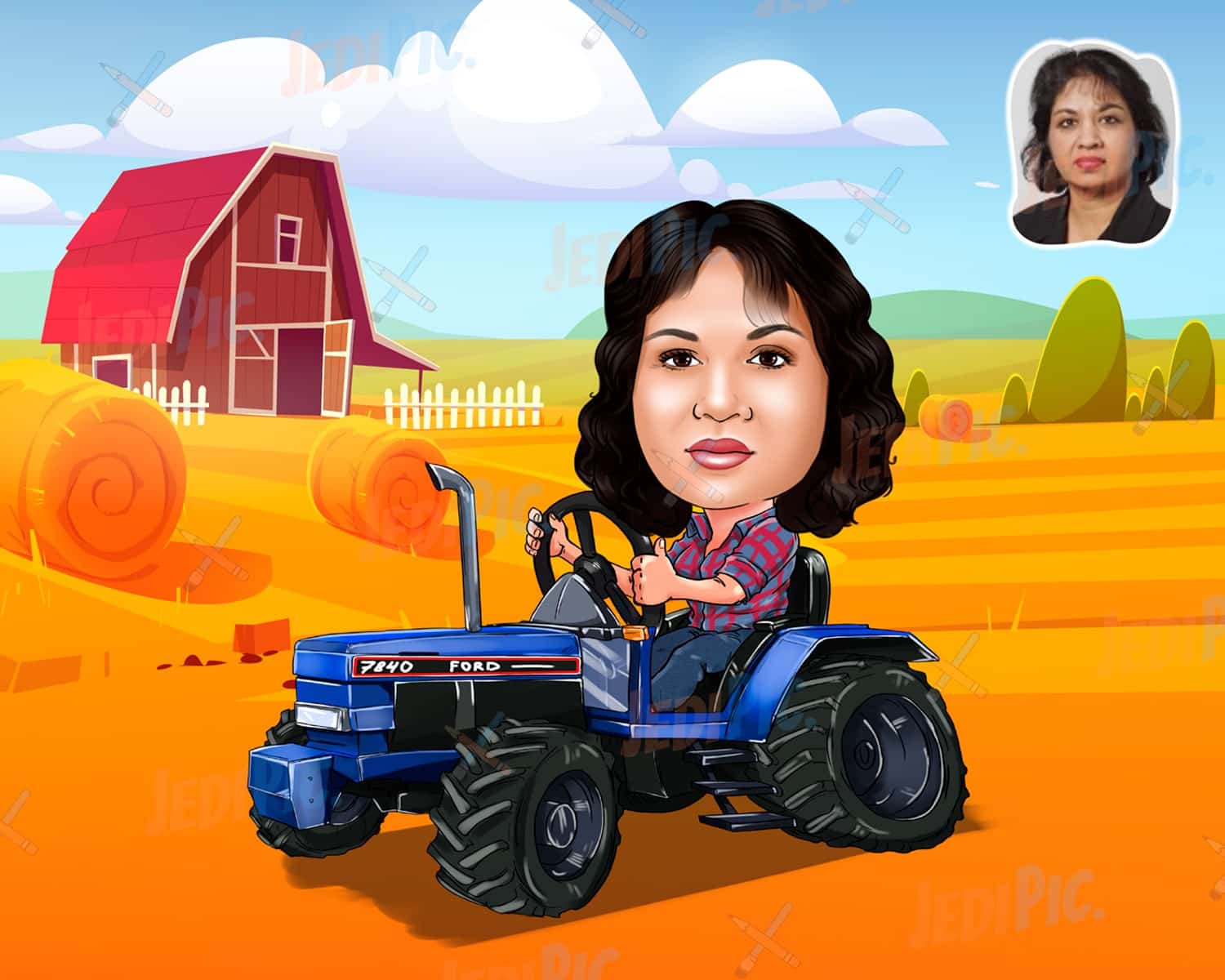 Custom Person on Tractor Cartoon Portrait