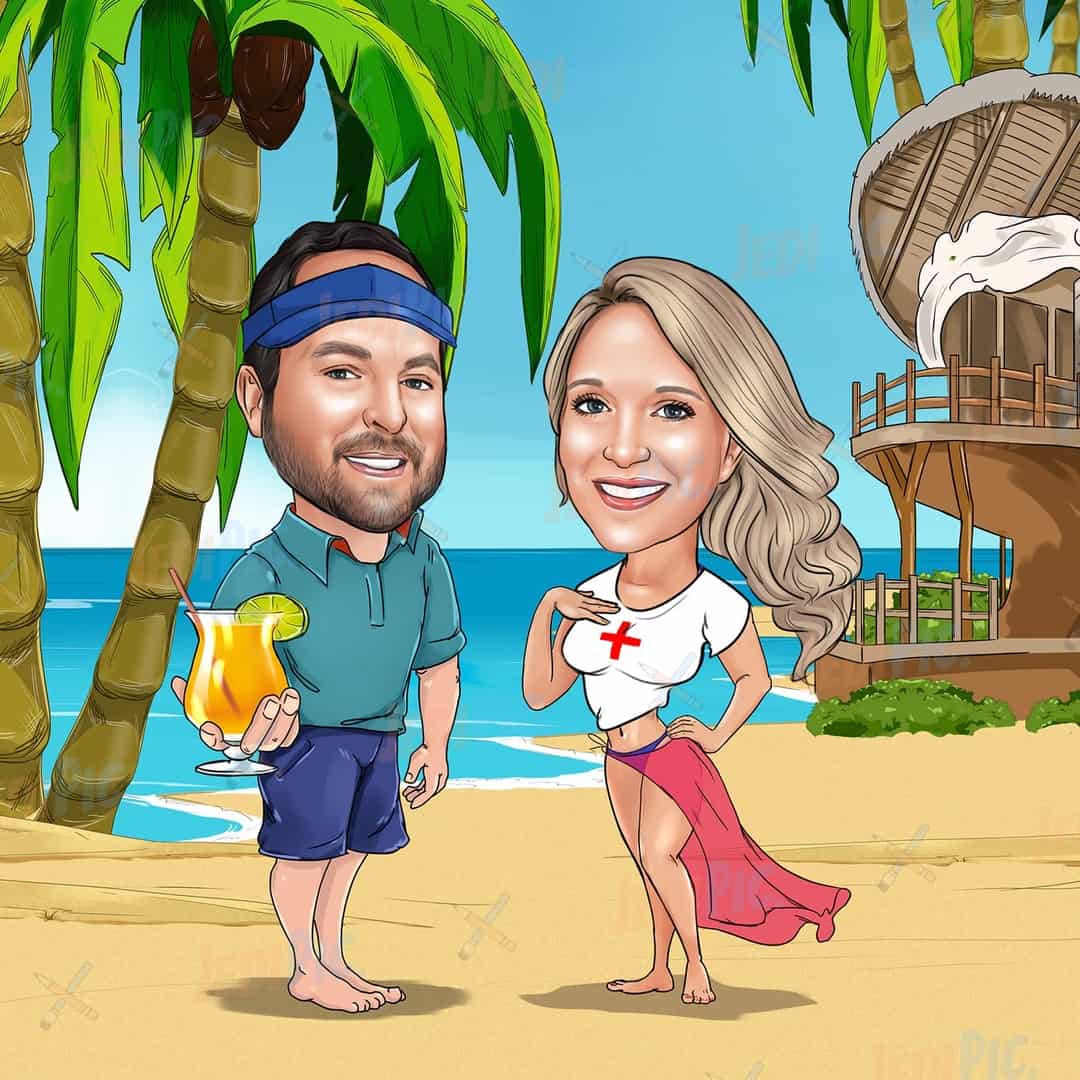Full Body Couple Caricature in Colored Style with Custom Background