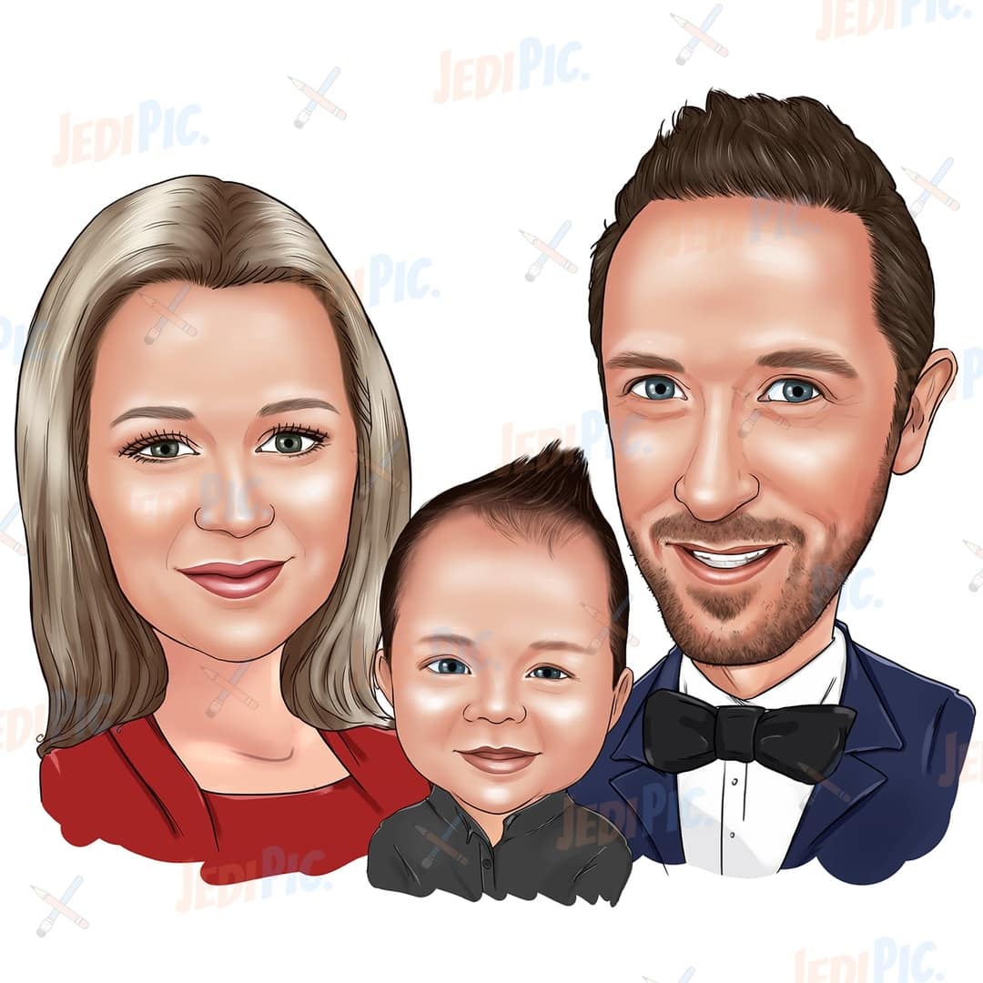 Couple with Kid - head and shoulders drawing in colored style