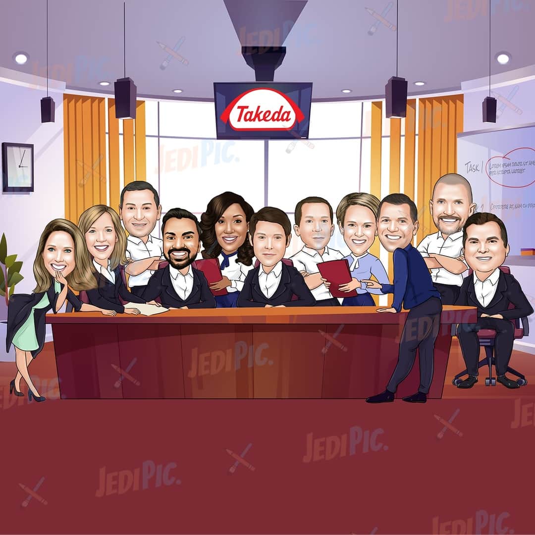 Colleagues Group Cartoon Portrait in Colored Style