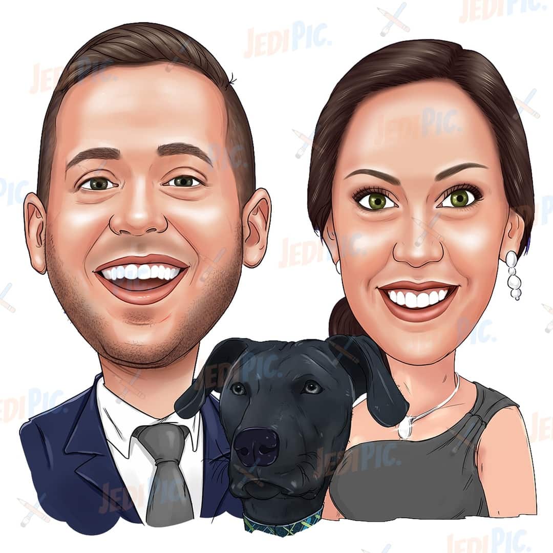 Head and Shoulders Couple Caricature with Pets