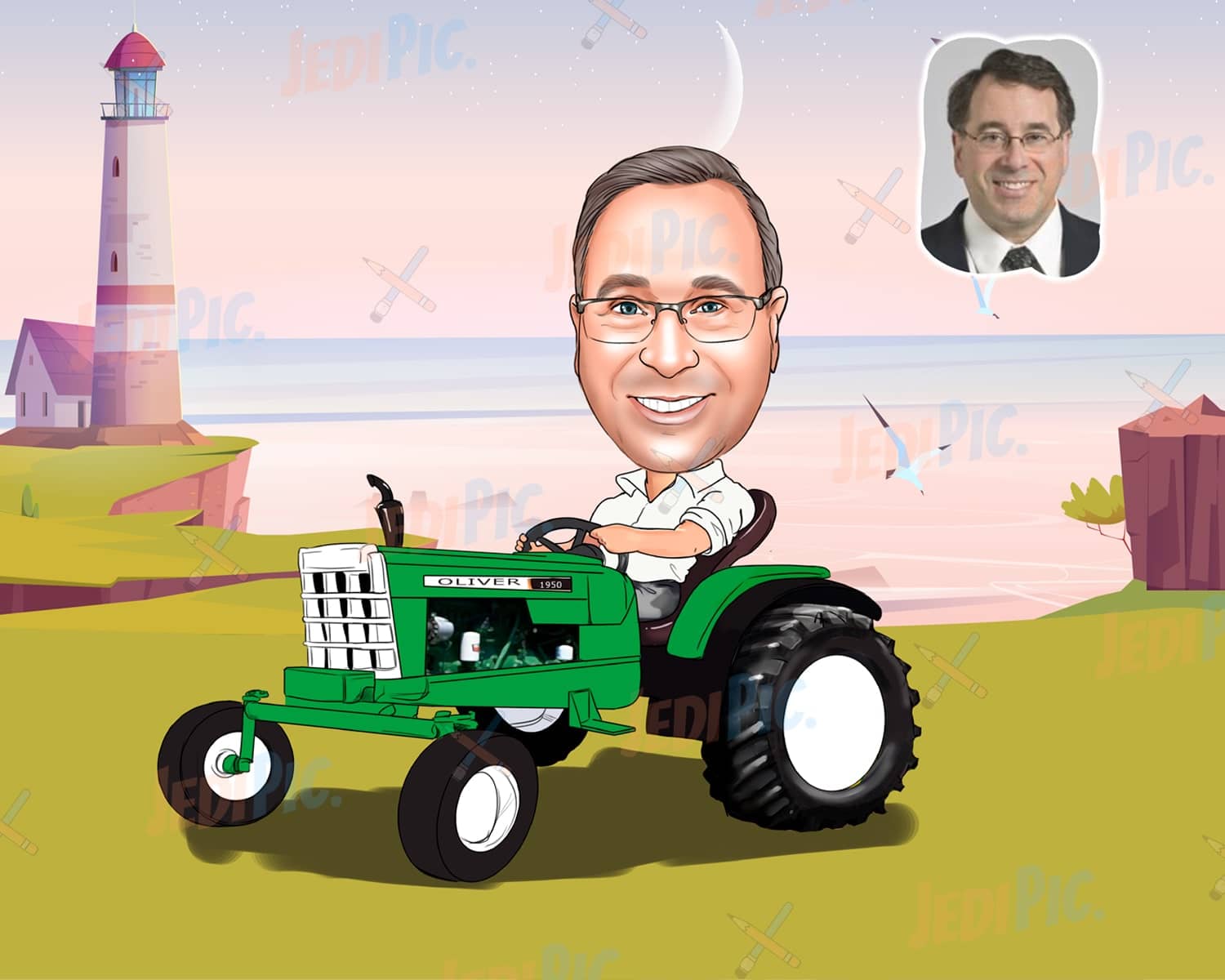 Man in Tractor Caricature with Custom Background