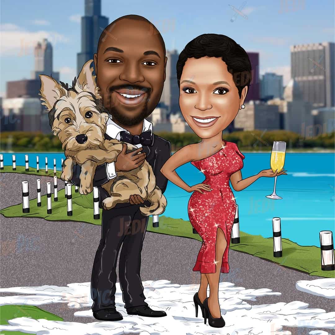 Couple WIth Pet Caricature from Photos