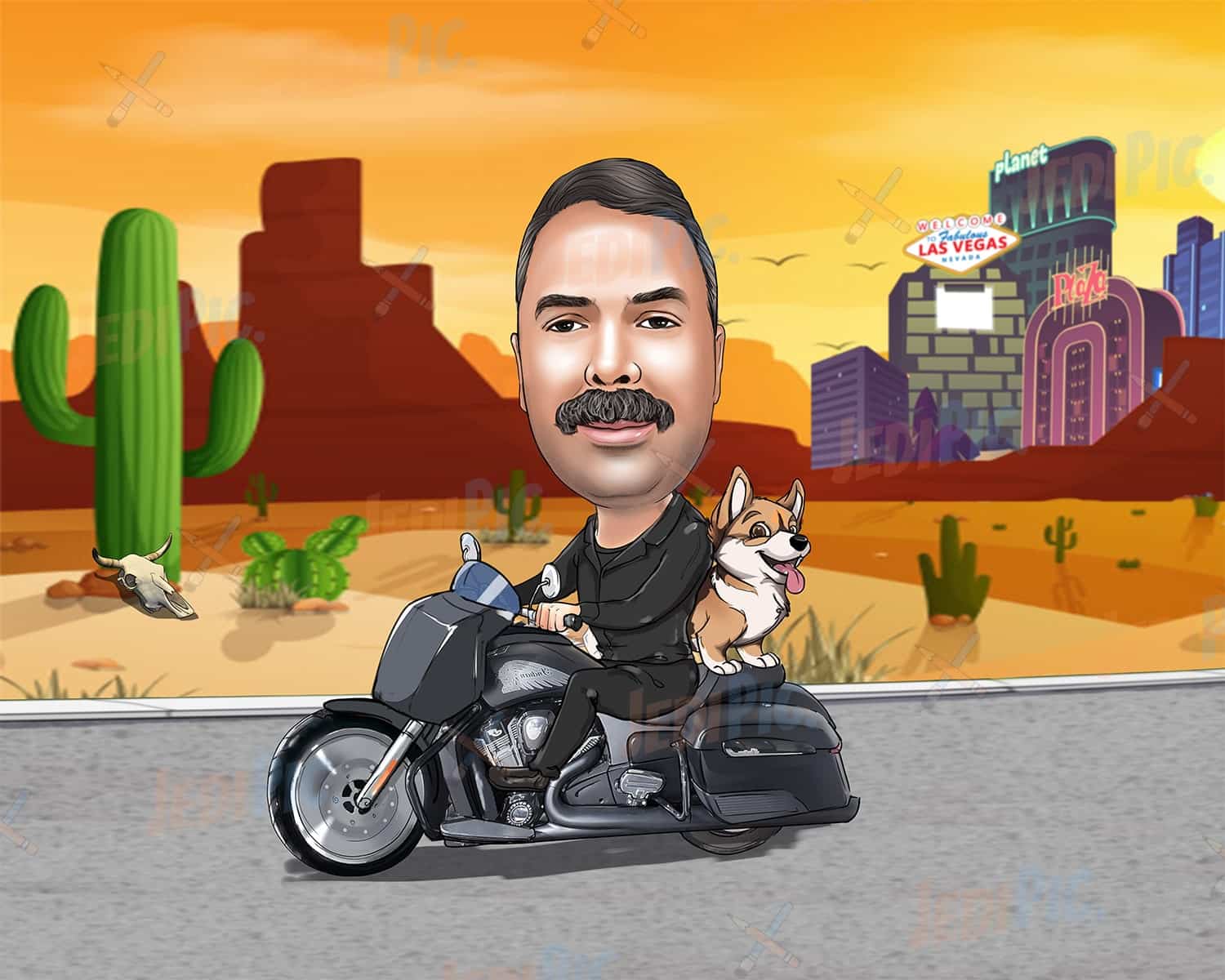 Motorbike Rider Caricature with Custom Background
