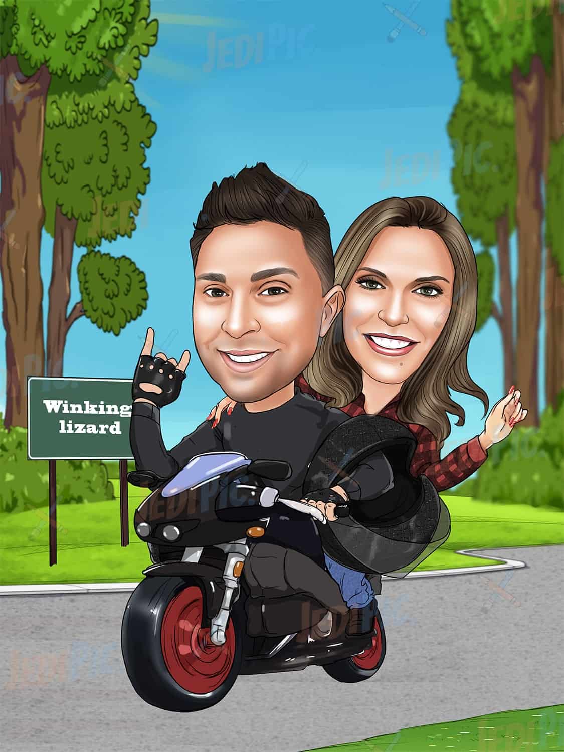 Couple Riding Motorbike with Custom Background
