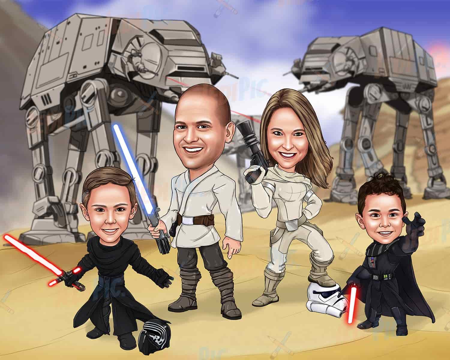 Family Caricature for Star Wars Movie Fans