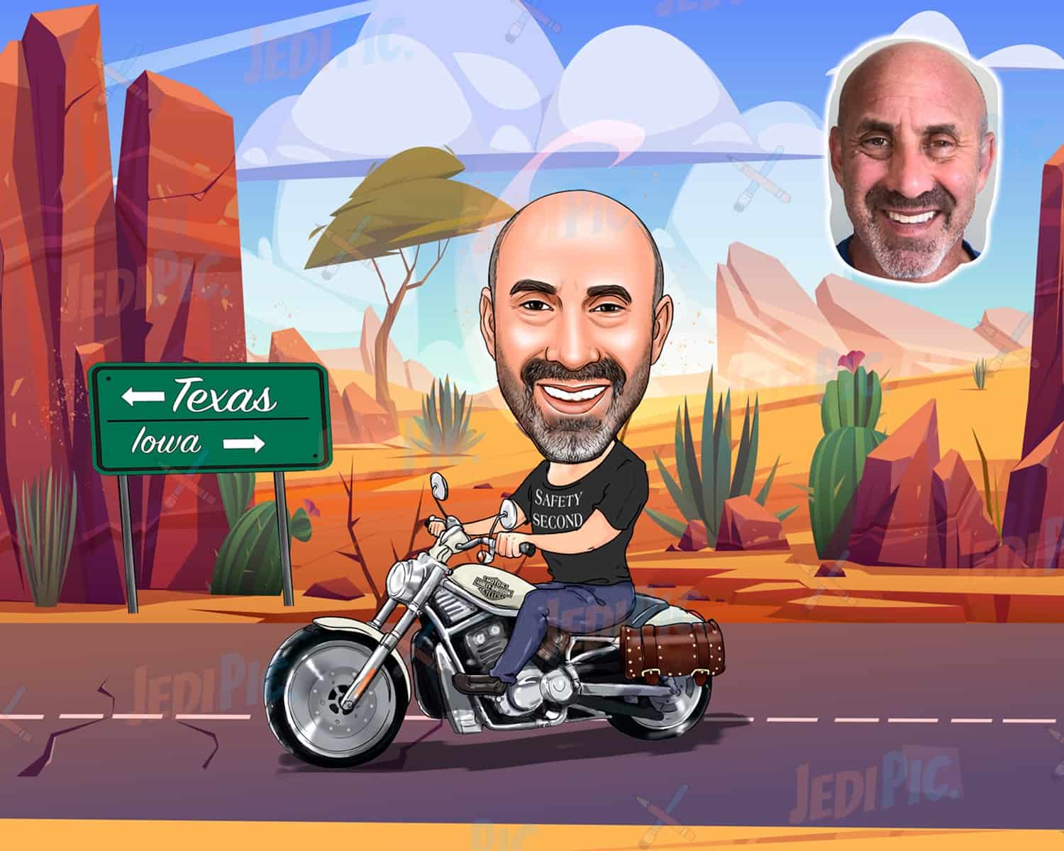 Motorcycle Rider Cartoon Caricature from Photo with Custom Background