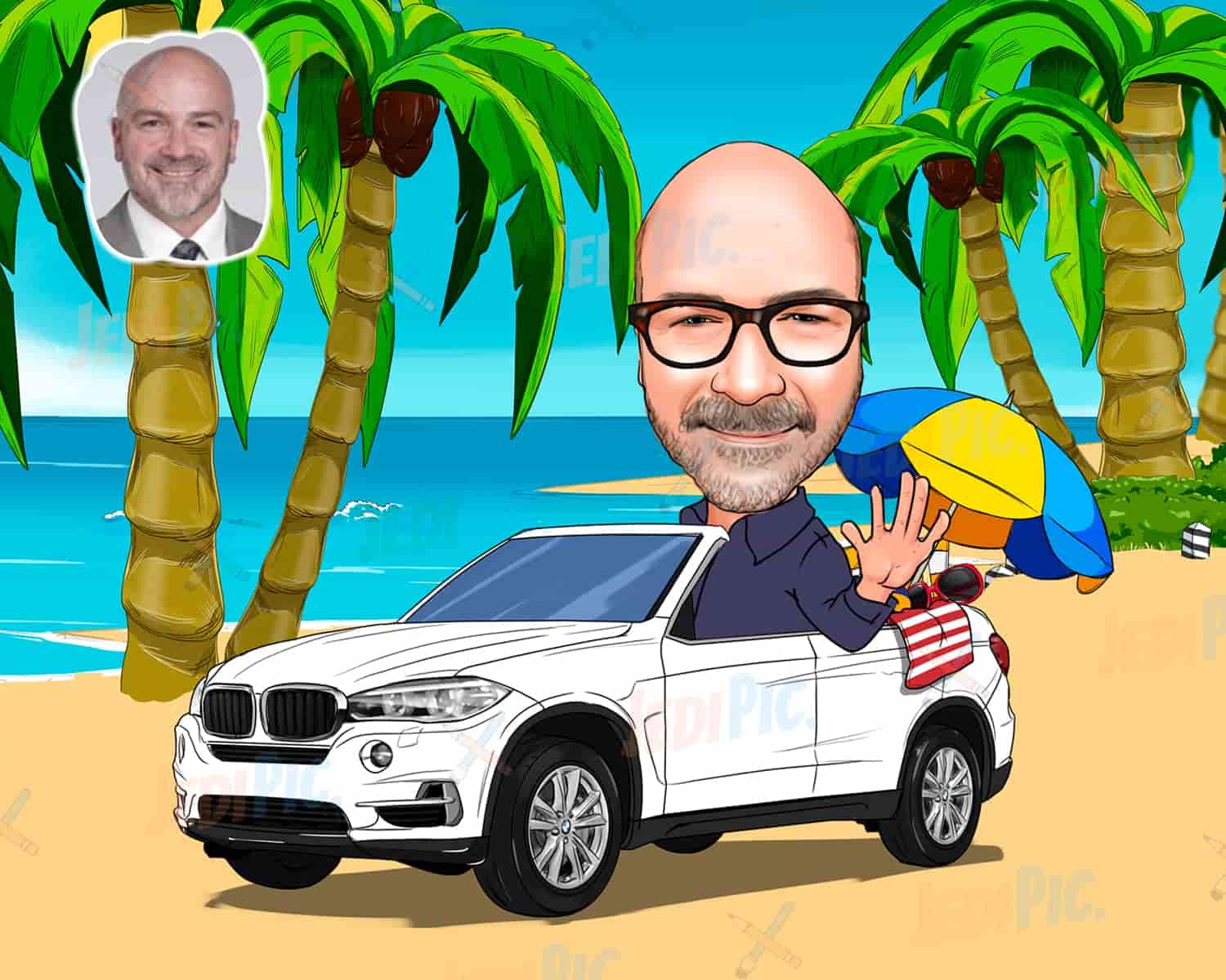 Person Riding Car - Going to Vacation Caricature in Colored Style