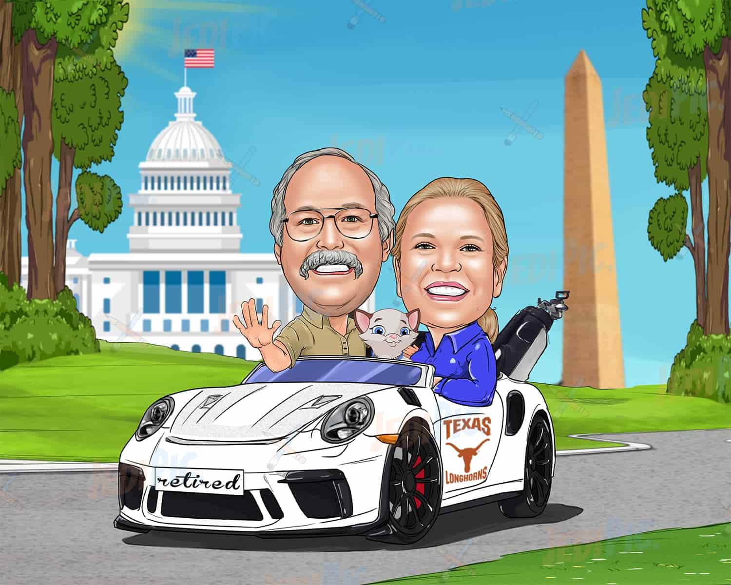 Custom Couple Caricature with Pet in Car