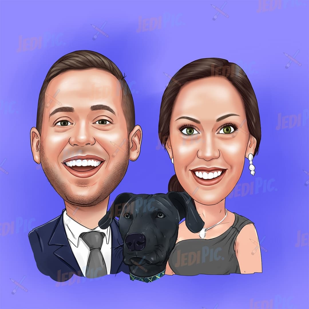 Caricature of Couple with Pet