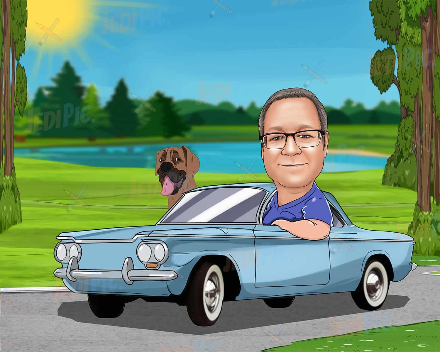 Man with Pet Caricature with Custom Background