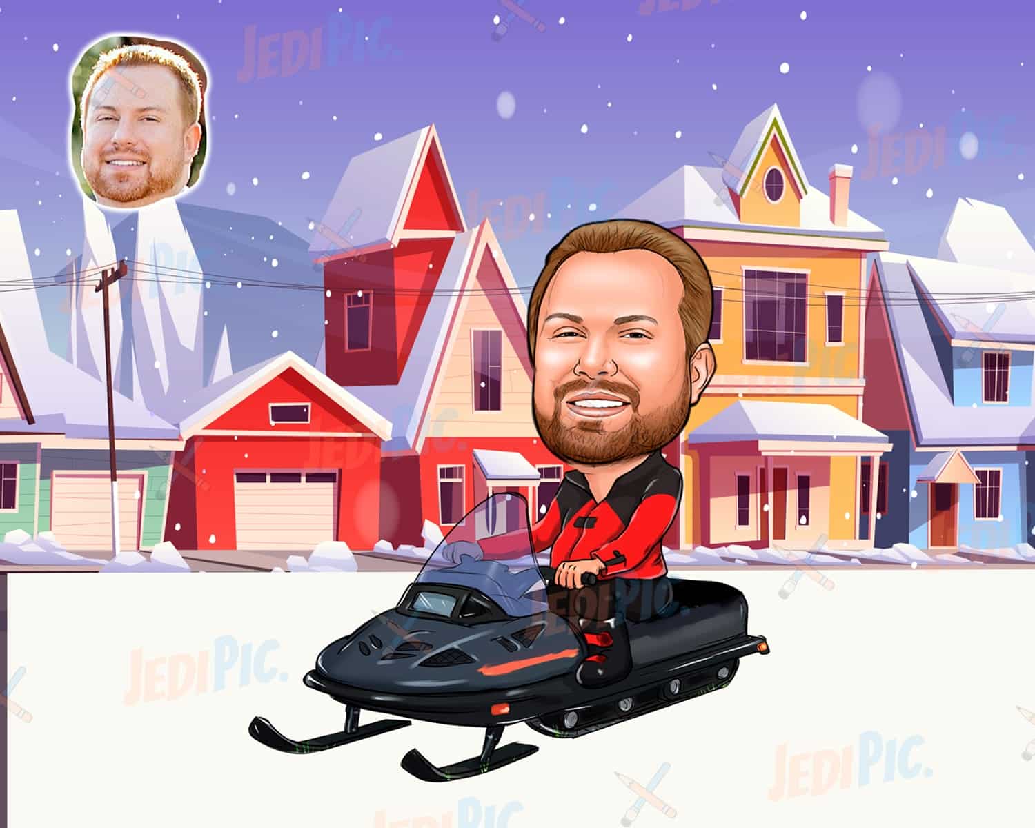 Person on Snowmobile Cartoon Drawing with Custom Background