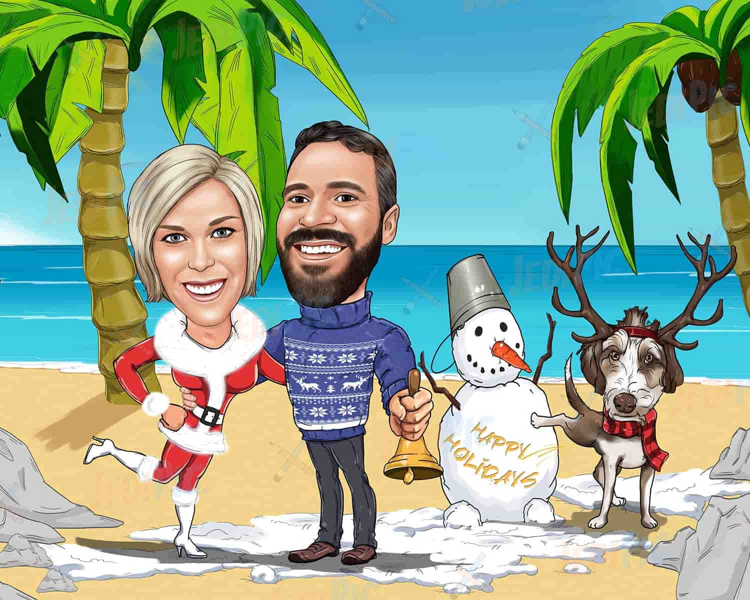 Christmas Couple Caricature with Pets in Color Style