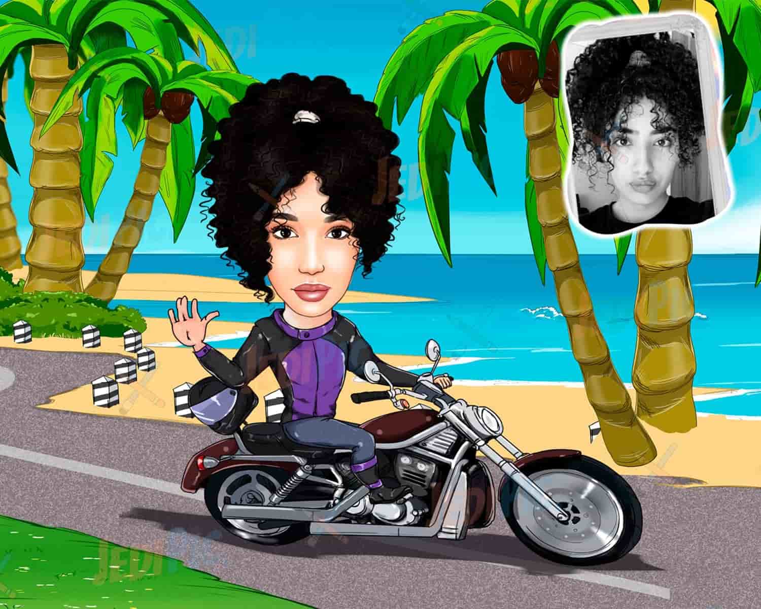 Motorbike Rider Cartoon Portrait in Digital Style