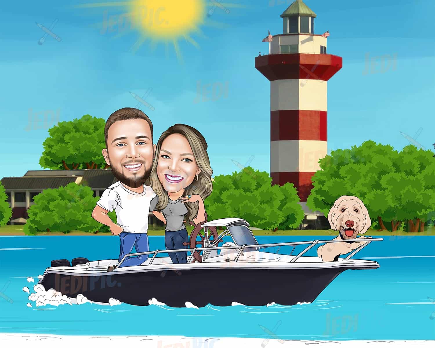 Custom Caricature Couple with Pet on Boat