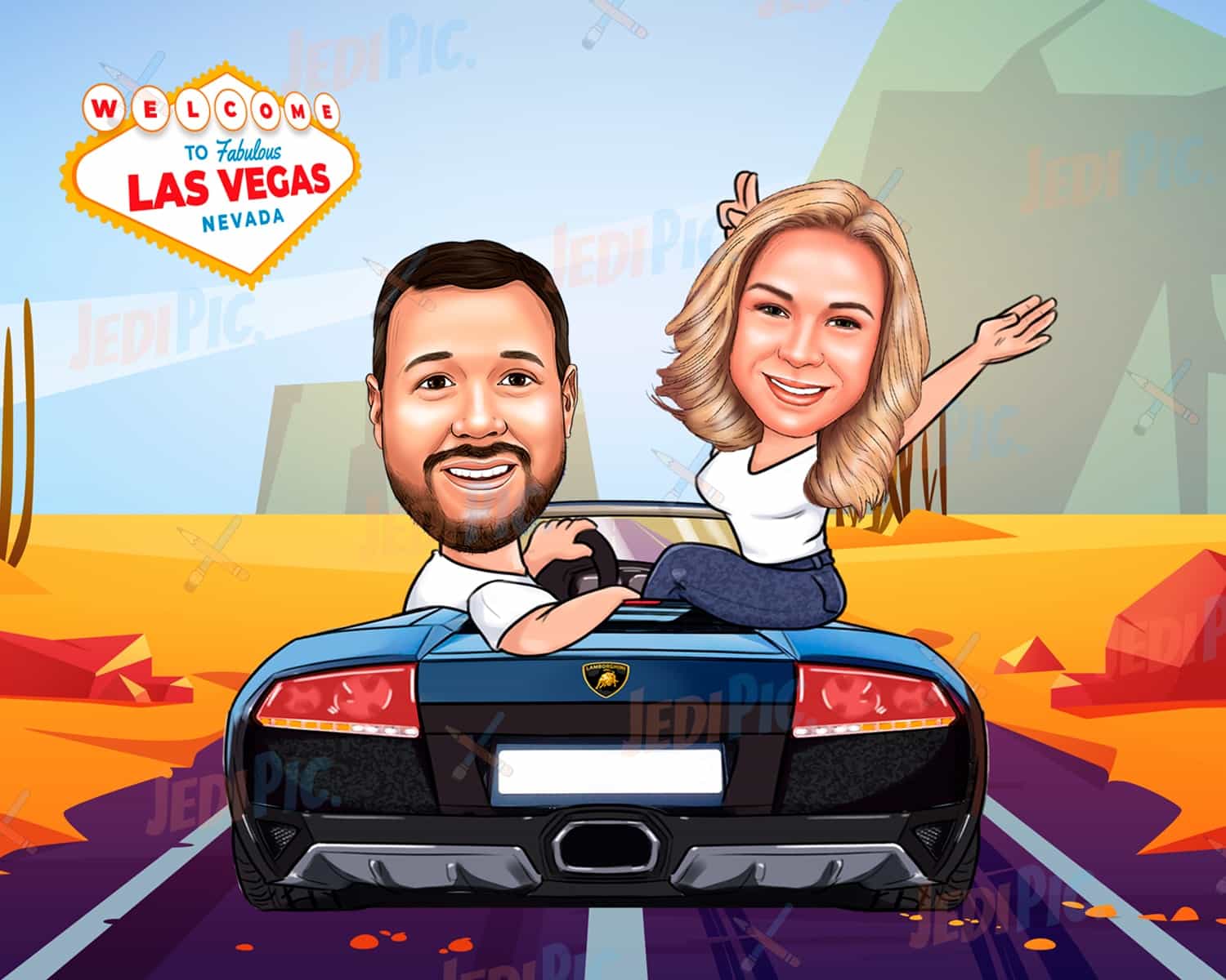 Couple in Car Cartoon Caricature with Custom Background