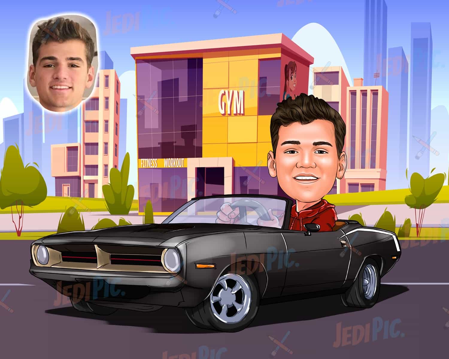 Man Driving Car Drawing with Custom Background in Digital Style