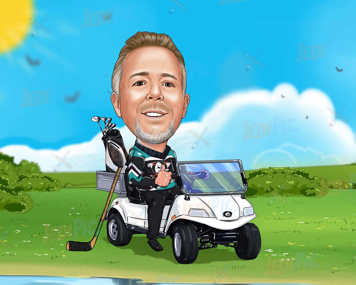 Custom Caricature Golfer in golf cart
