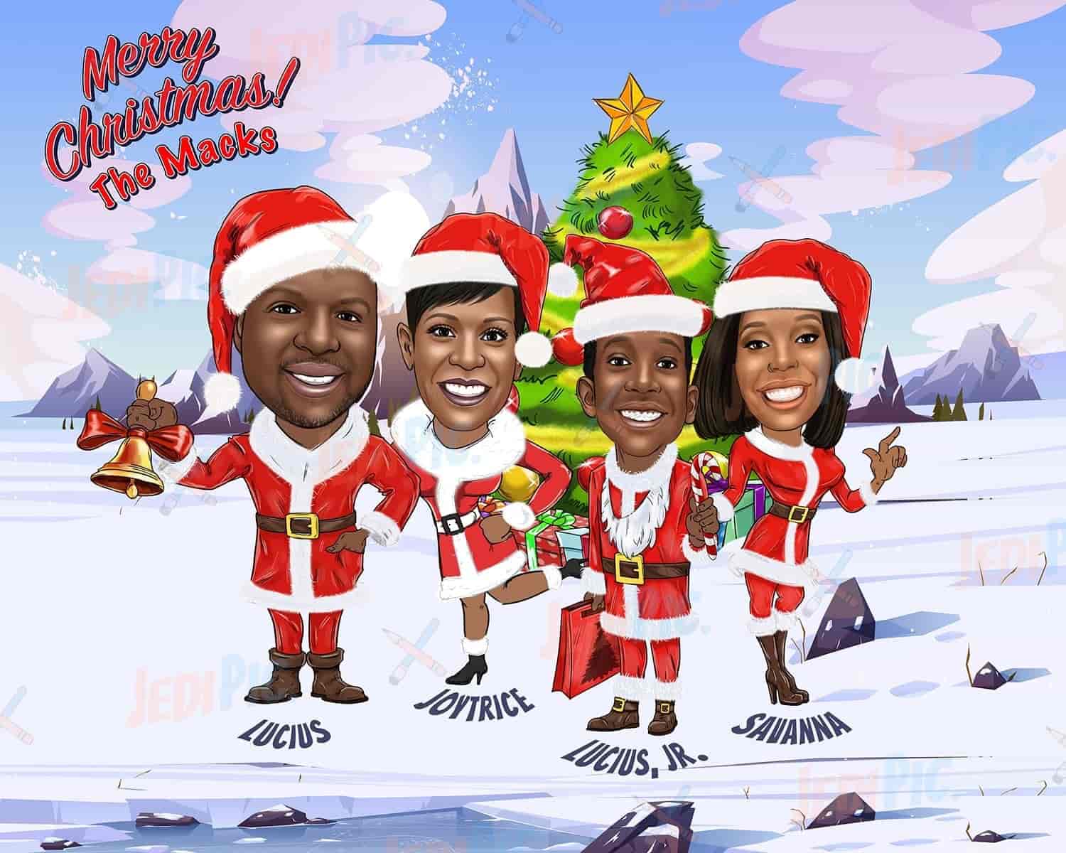 Family around Christmas Tree - Cartoon Portrait from Photos