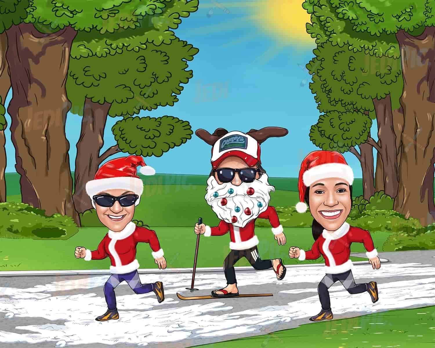 Group Christmas Caricature in Santa Clothes