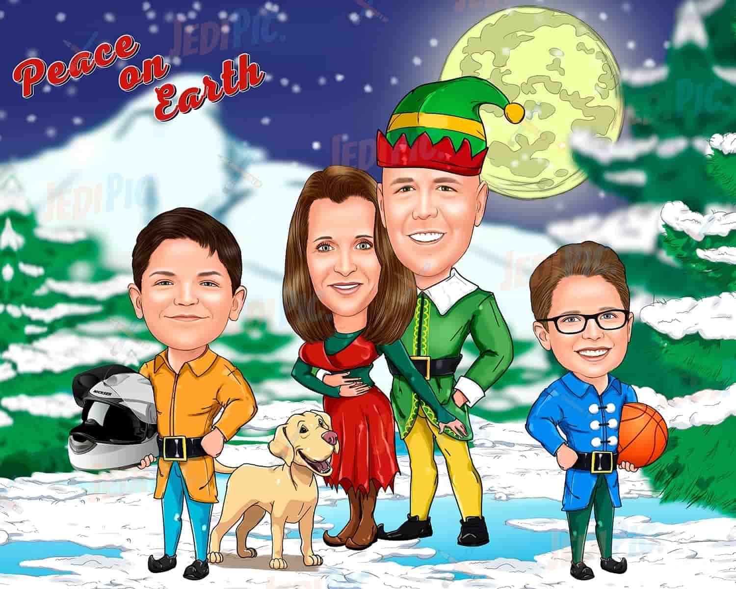 Family Elves Christmas Caricature from Photo