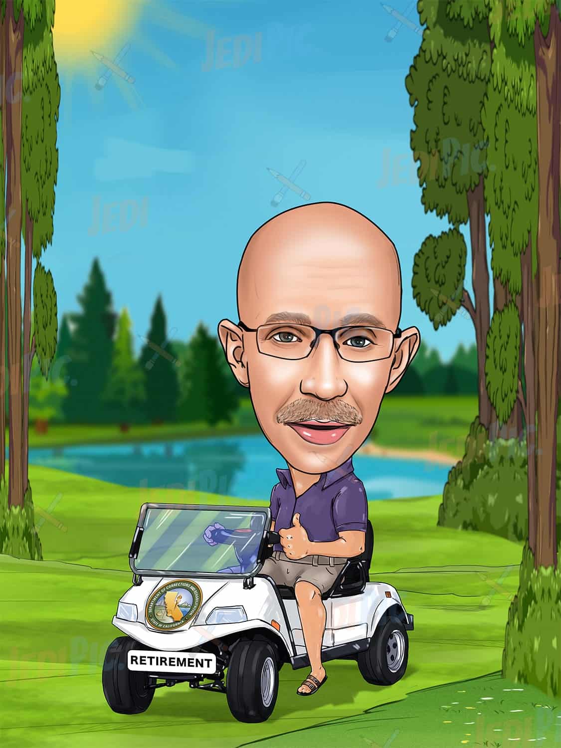 Man in Golf Cart Caricature