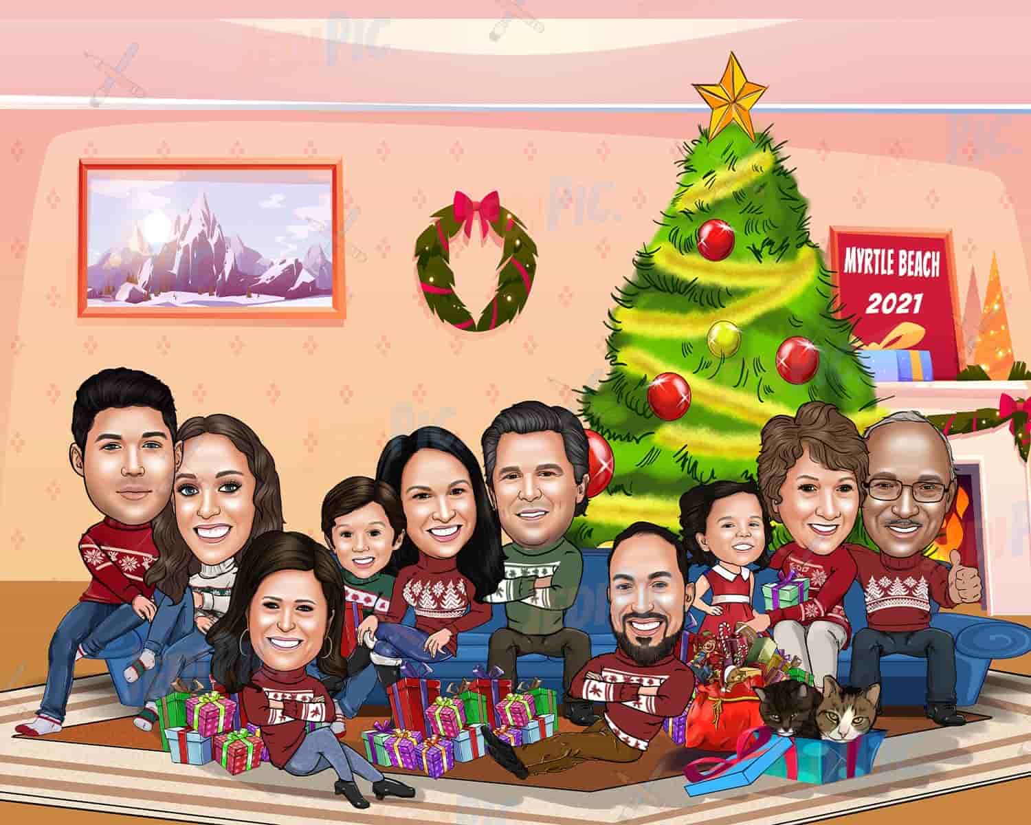 Christmas Group Caricature with Christms Tree