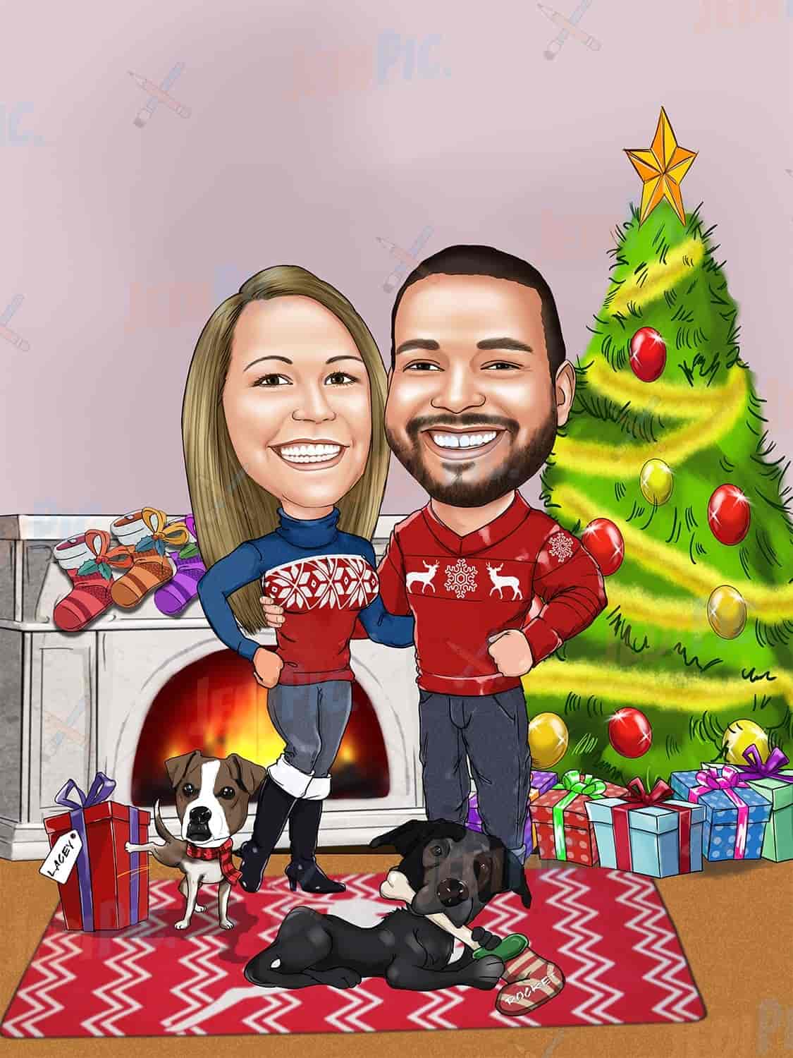 Christmas Couple with Pets Caricature from Photos