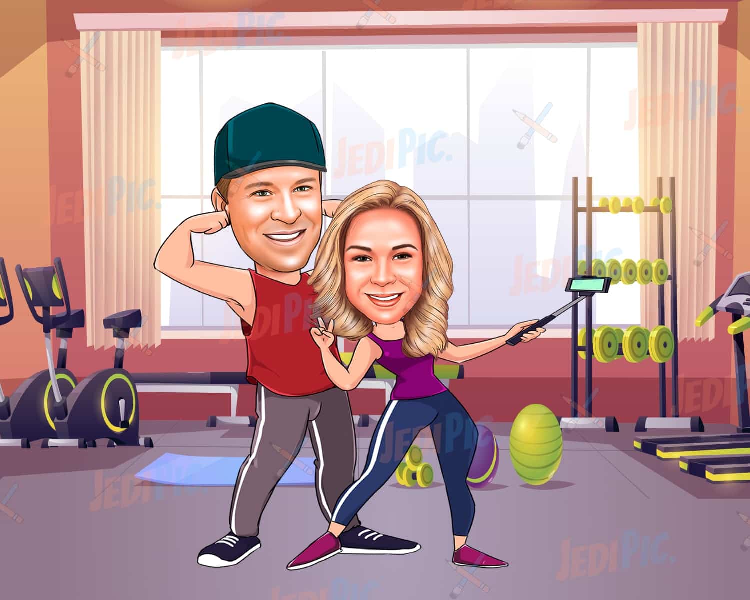 Fitness Couple Caricature in Colored Style