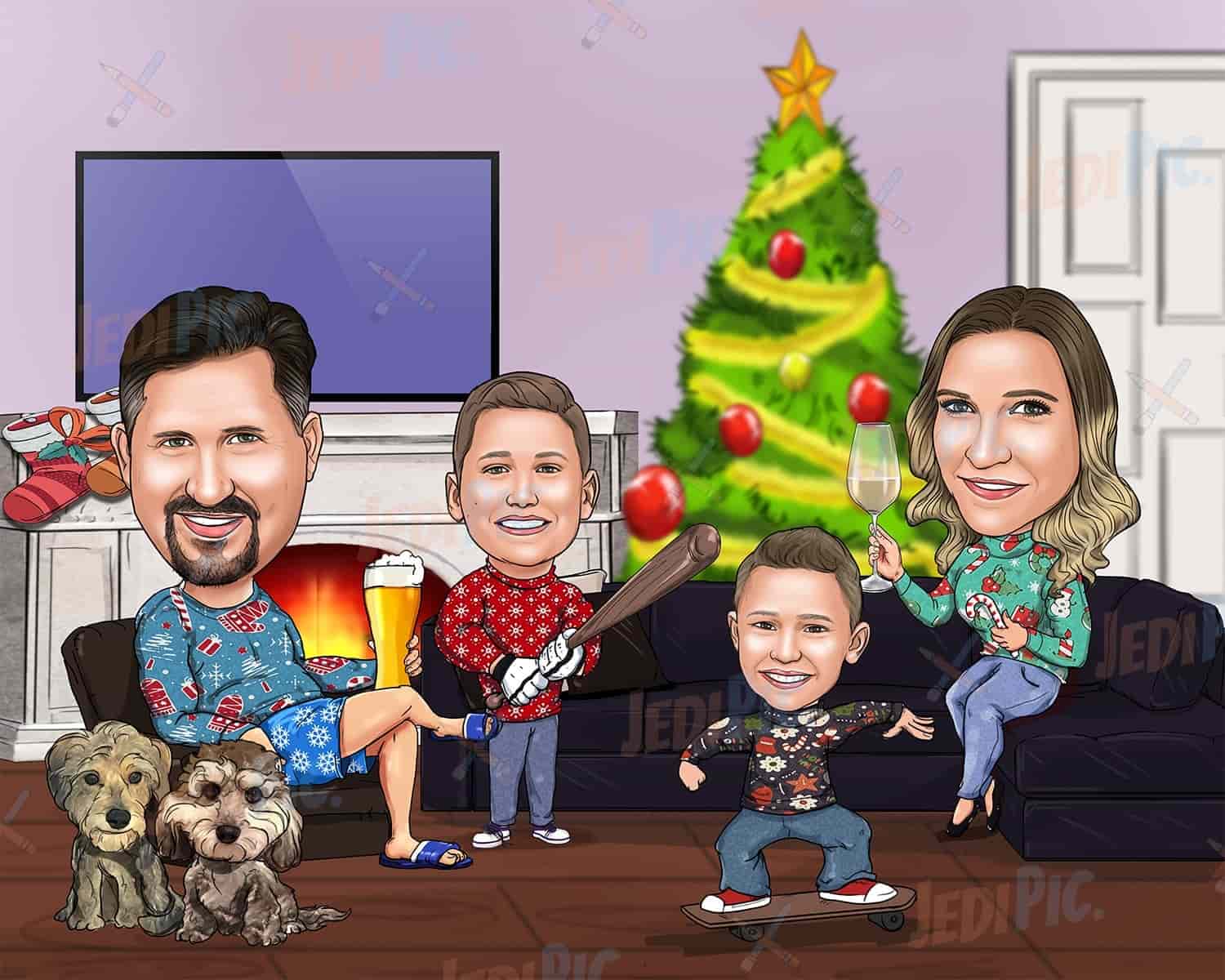 Family with Christmas Tree Caricature from Photo