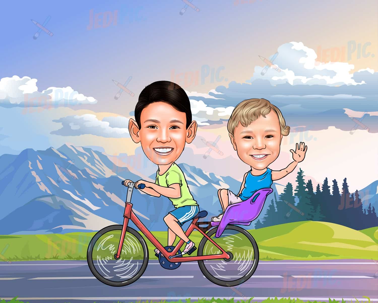 Kids on Bicycle Caricature in Colored Style