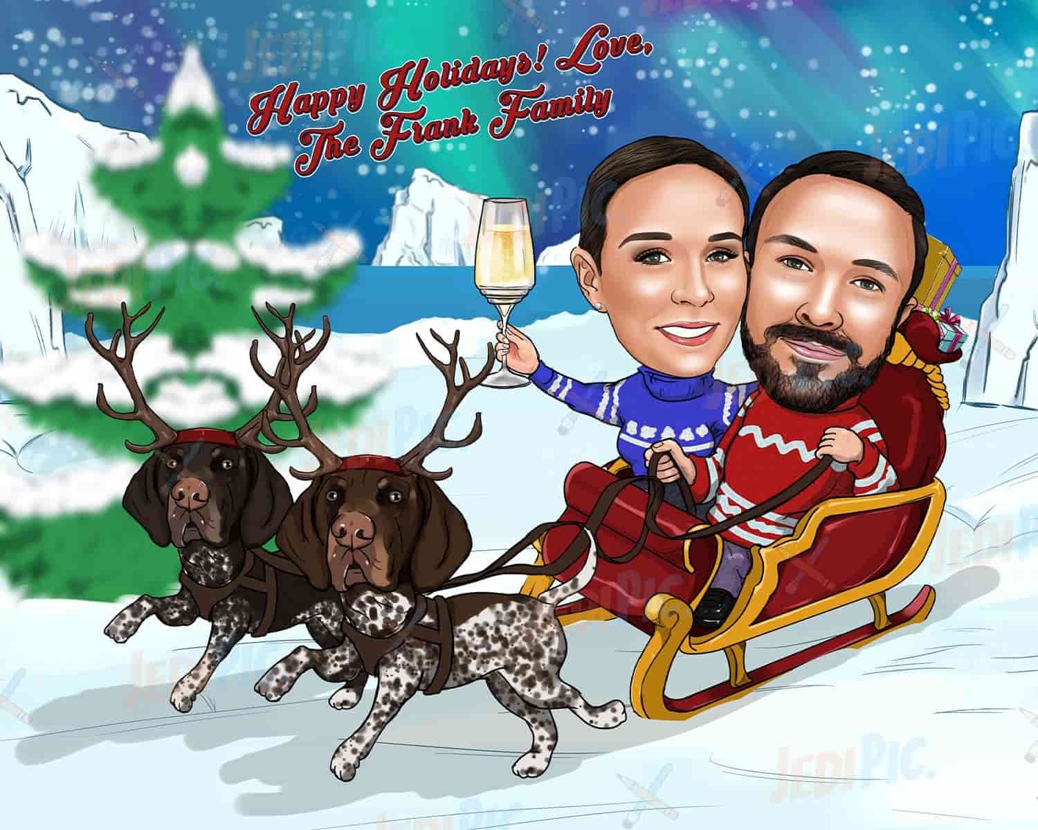 Christmas Couple Caricature with Pets