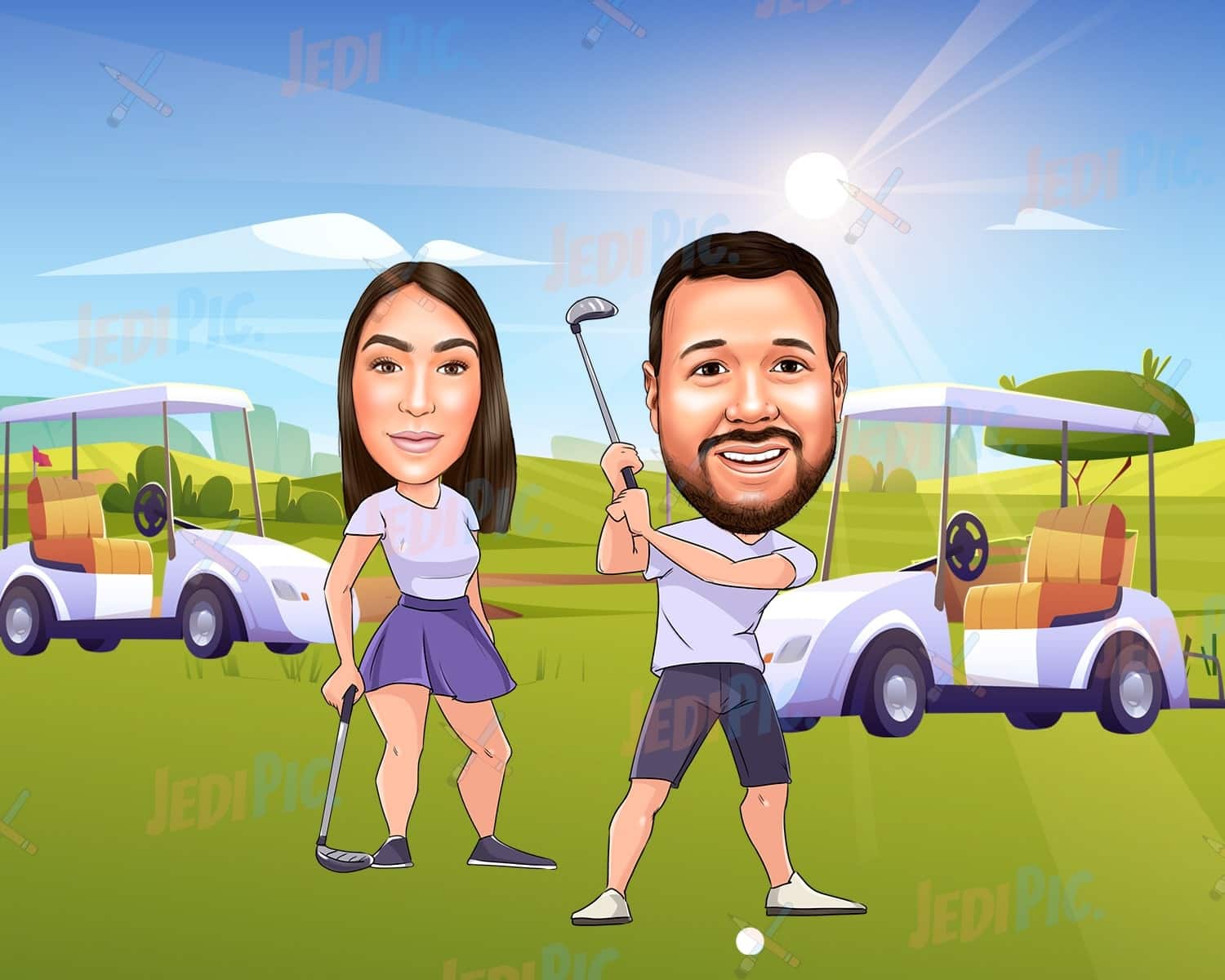 Hobbies Couple Caricature in Colored Style