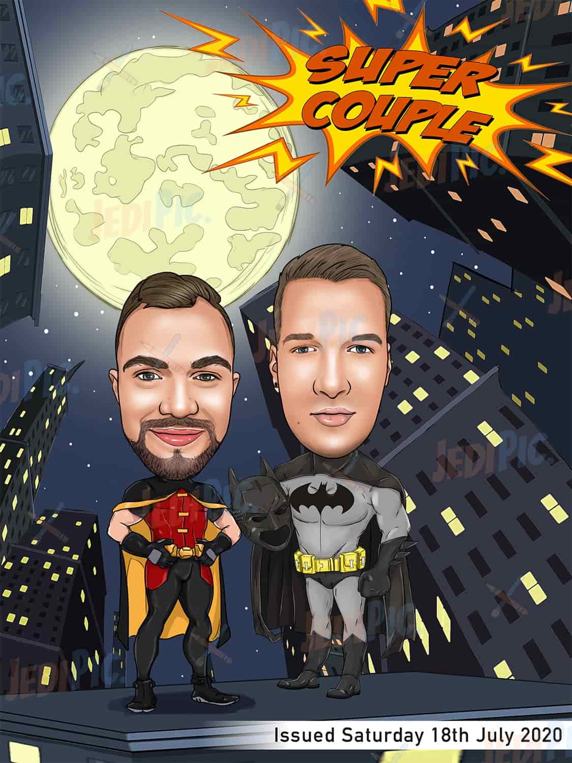 Two Persons Superhero Caricature with Custom Background