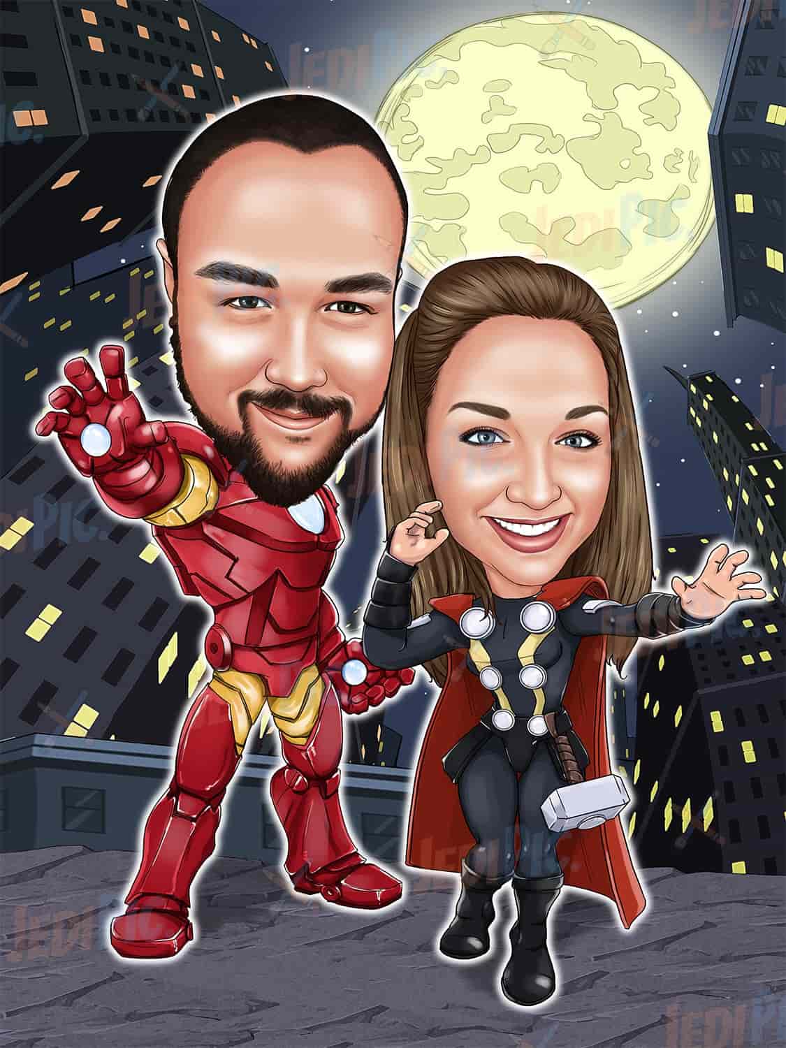 1 Year Anniversary  Couple Caricature - Favorite Superheroes
