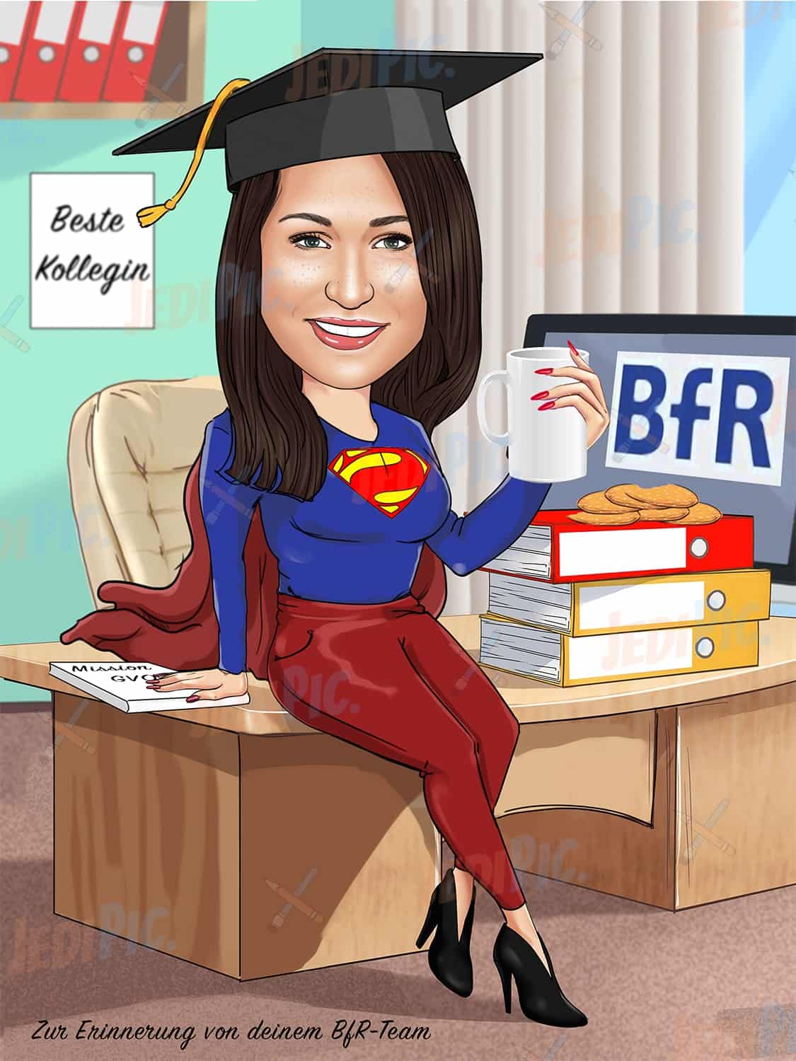 One Person Superhero Cartoon Portrait with Custom Background - Coworker Gift