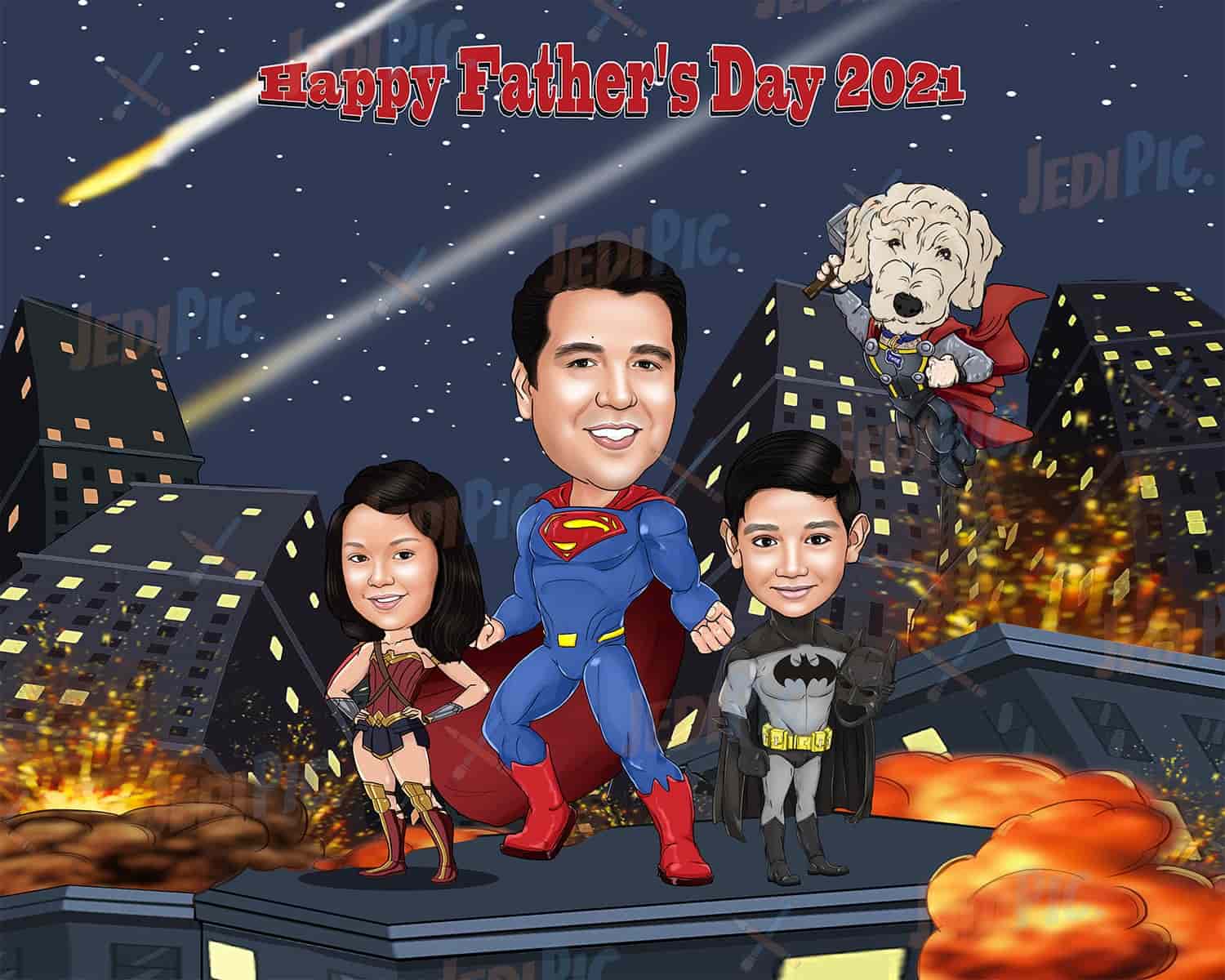 Superhero Family Caricature for Father's Day Gift