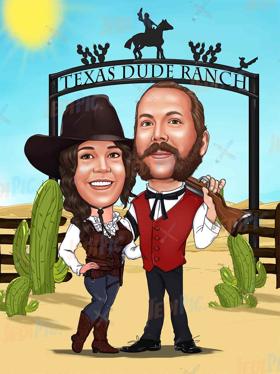 Cowboy Couple Caricature with Custom Background