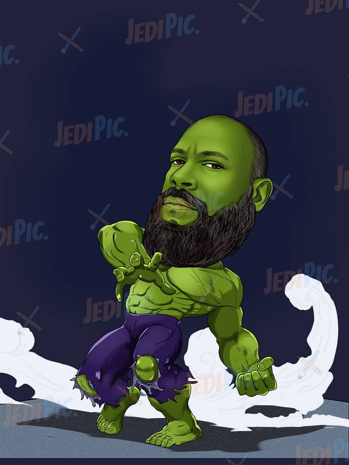 Green Man Superhero Caricature with Colored Background from Photo
